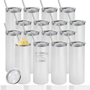 16 Pack Stainless Steel Skinny Tumblers Bulk Straight Double Wall Powder Coated Insulated Tumbler with Lid and Straw for Laser Engrave, DIY Gift, 20oz White