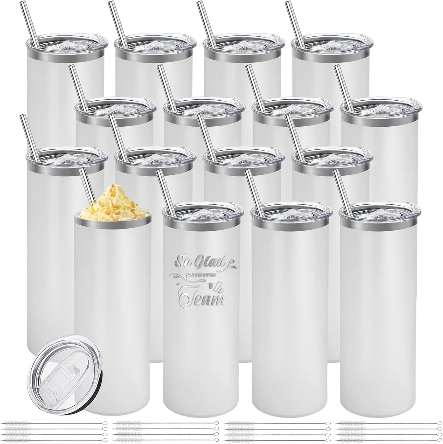 16 Pack Stainless Steel Skinny Tumblers Bulk Straight Double Wall Powder Coated Insulated Tumbler with Lid and Straw for Laser Engrave, DIY Gift, 20oz White