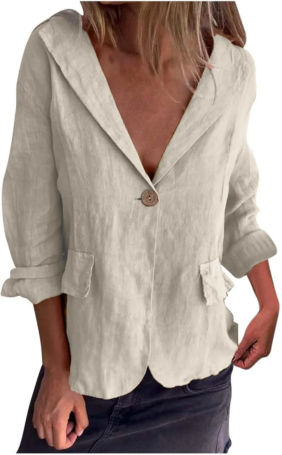 2024 Fall Cotton Linen Blazer Women Long Sleeve Lightweight One Button Cardigan Jackets Business Casual Work Outwear