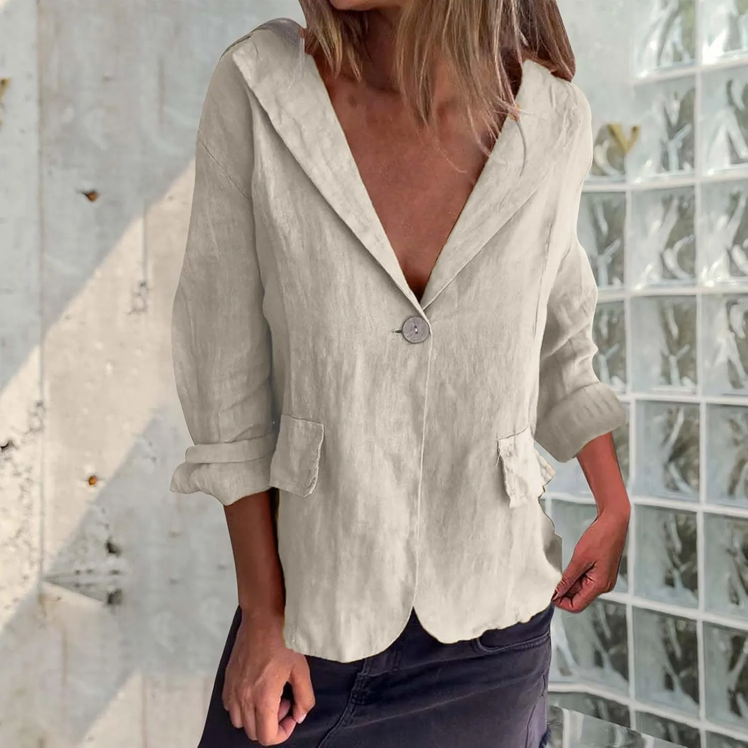 2024 Fall Cotton Linen Blazer Women Long Sleeve Lightweight One Button Cardigan Jackets Business Casual Work Outwear