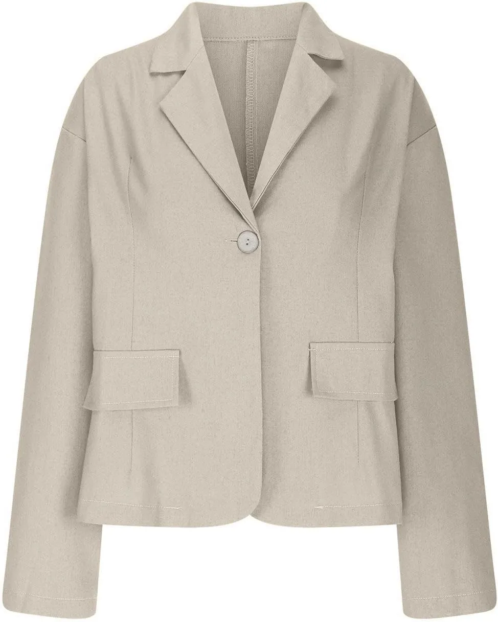 2024 Fall Cotton Linen Blazer Women Long Sleeve Lightweight One Button Cardigan Jackets Business Casual Work Outwear
