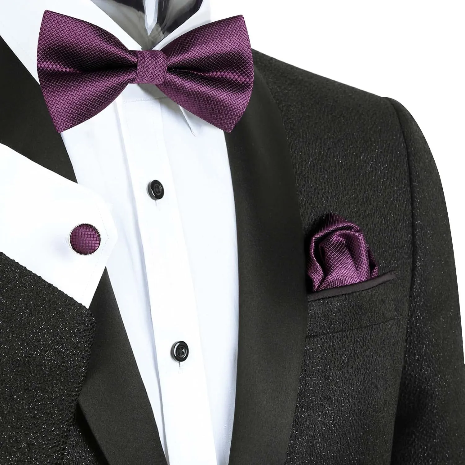 Alizeal Mens Solid Color Mini Squares Formal Banded Pre-tied Bow Ties, Pocket Square, Cufflinks Set Wedding Party Business