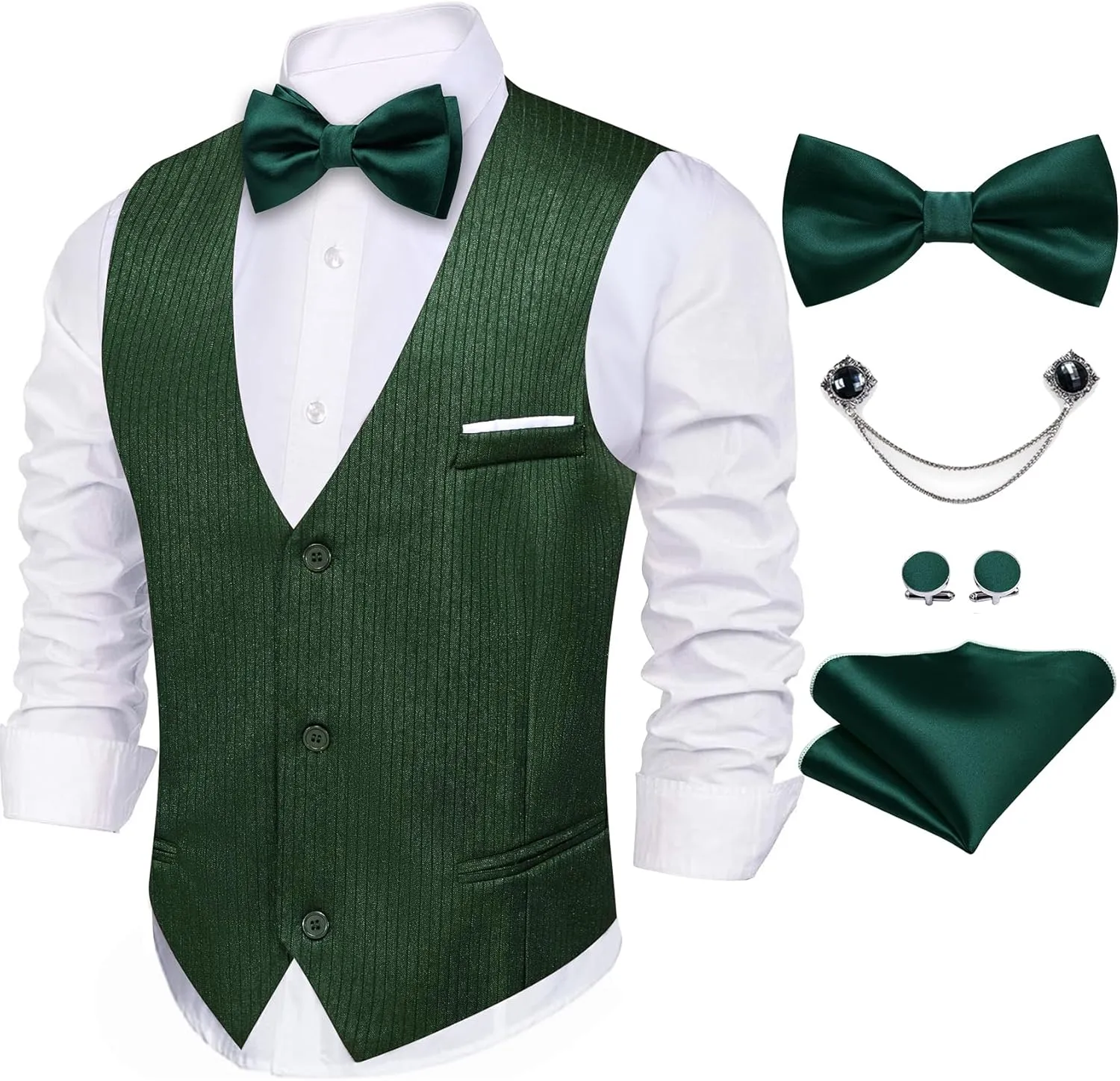Barry.Wang Men's Suit Vest Business Formal Waistcoat Stripe/Plaid Classic Bowtie Set Wedding Party Business