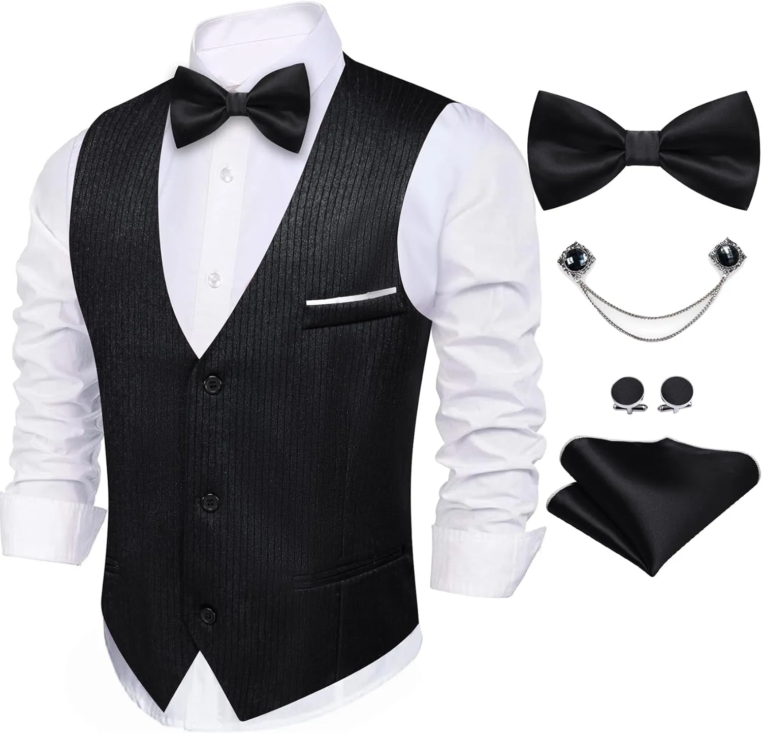 Barry.Wang Men's Suit Vest Business Formal Waistcoat Stripe/Plaid Classic Bowtie Set Wedding Party Business