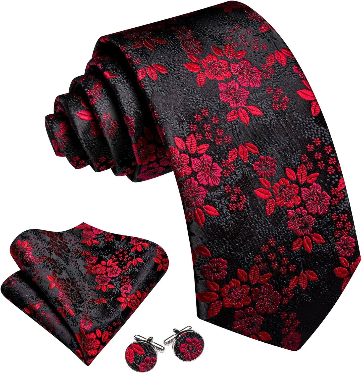 Barry.Wang Paisley Flower Tie Set Men Necktie Woven Pocket Square Cuff Links Wedding