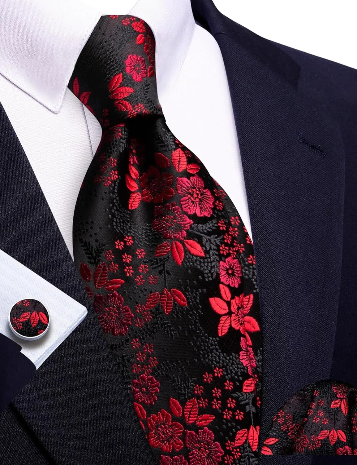 Barry.Wang Paisley Flower Tie Set Men Necktie Woven Pocket Square Cuff Links Wedding