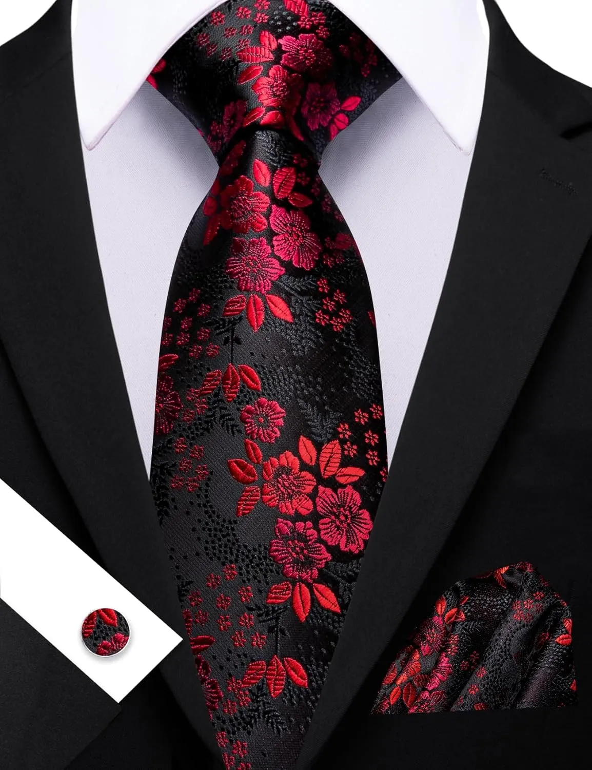 Barry.Wang Paisley Flower Tie Set Men Necktie Woven Pocket Square Cuff Links Wedding