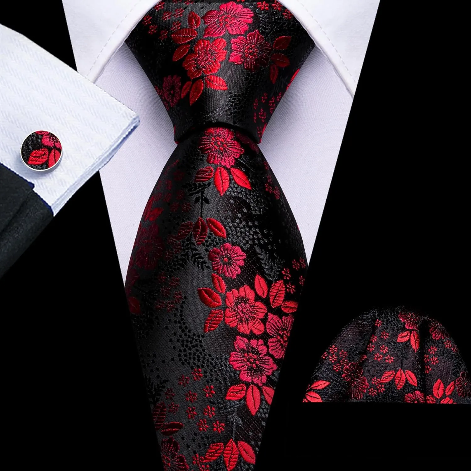 Barry.Wang Paisley Flower Tie Set Men Necktie Woven Pocket Square Cuff Links Wedding