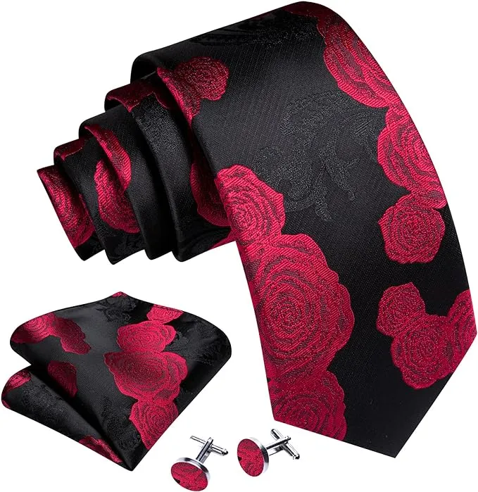Black and Red Rose Silk Necktie Set-LBW1499