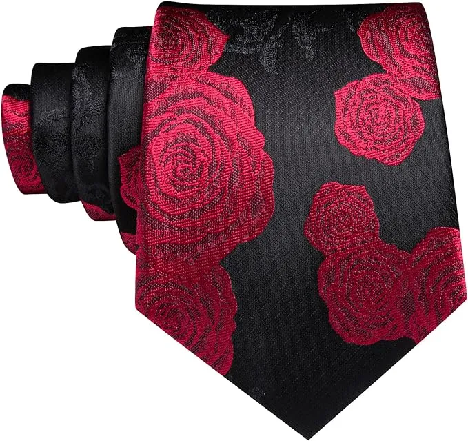 Black and Red Rose Silk Necktie Set-LBW1499