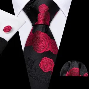 Black and Red Rose Silk Necktie Set-LBW1499