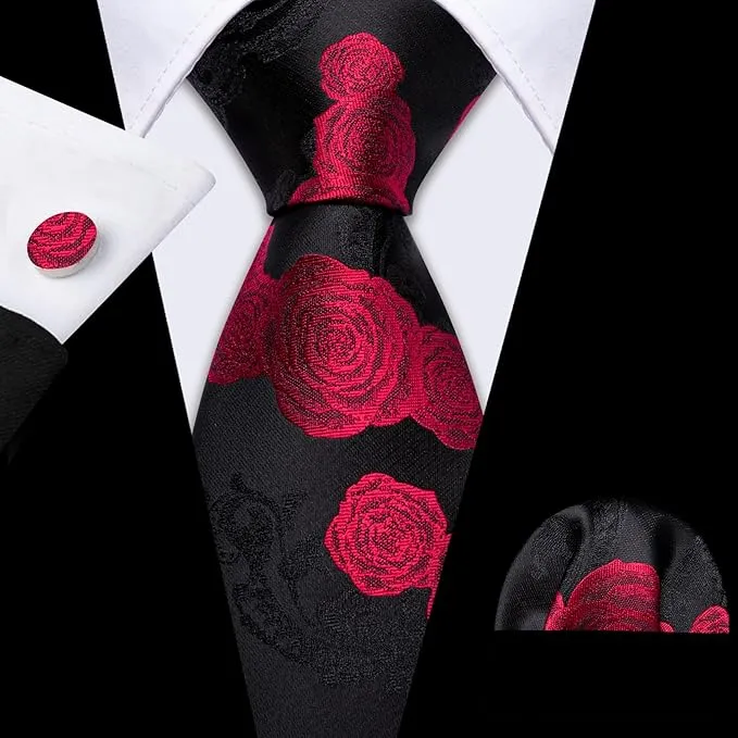 Black and Red Rose Silk Necktie Set-LBW1499