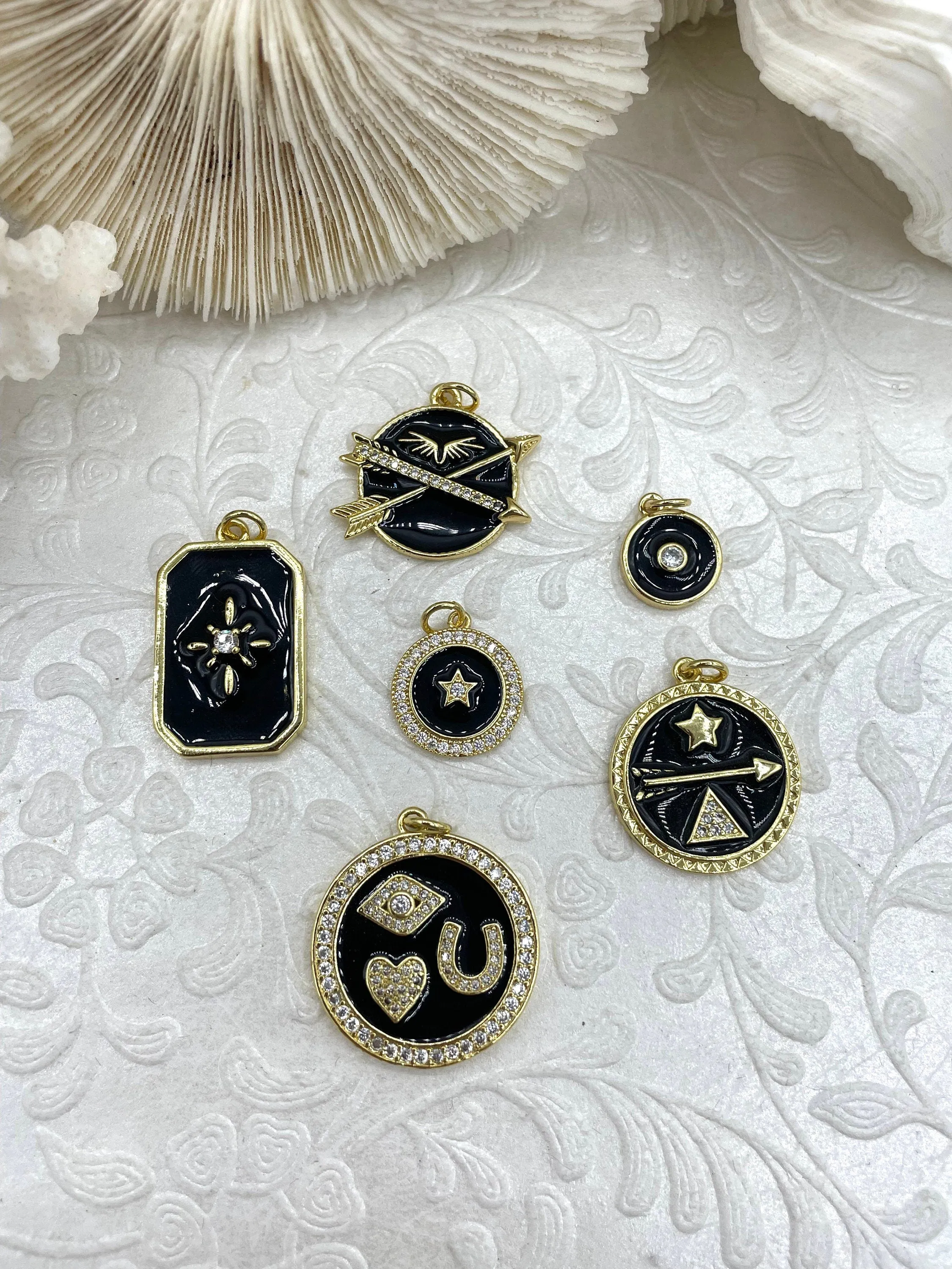 Black, Red, and White Enamel Charms CZ Micro PAVE Charm Pendant BRASS. Gold plating. Brass and Enamel. 8 Styles to choose from. Fast Ship