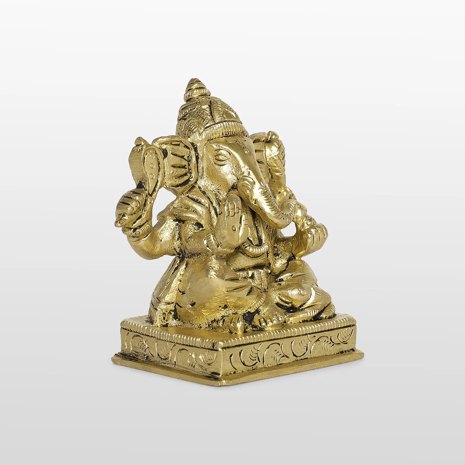 Brass Engraved Small Ganesha on Square Base 3 in