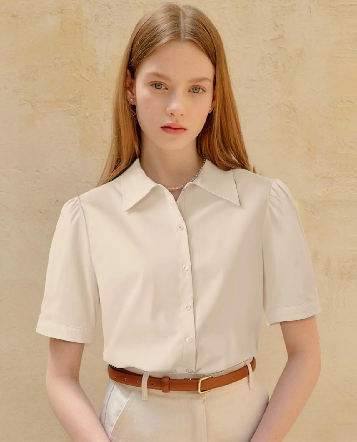 Button Down Shirts for Women Puff Short Sleeve Button Up Dress Shirts Collared Fitted Blouse Work Business Top