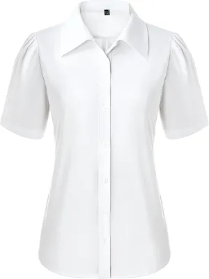 Button Down Shirts for Women Puff Short Sleeve Button Up Dress Shirts Collared Fitted Blouse Work Business Top