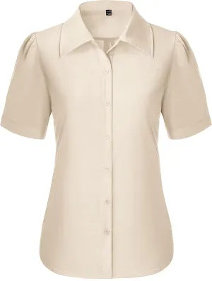 Button Down Shirts for Women Puff Short Sleeve Button Up Dress Shirts Collared Fitted Blouse Work Business Top