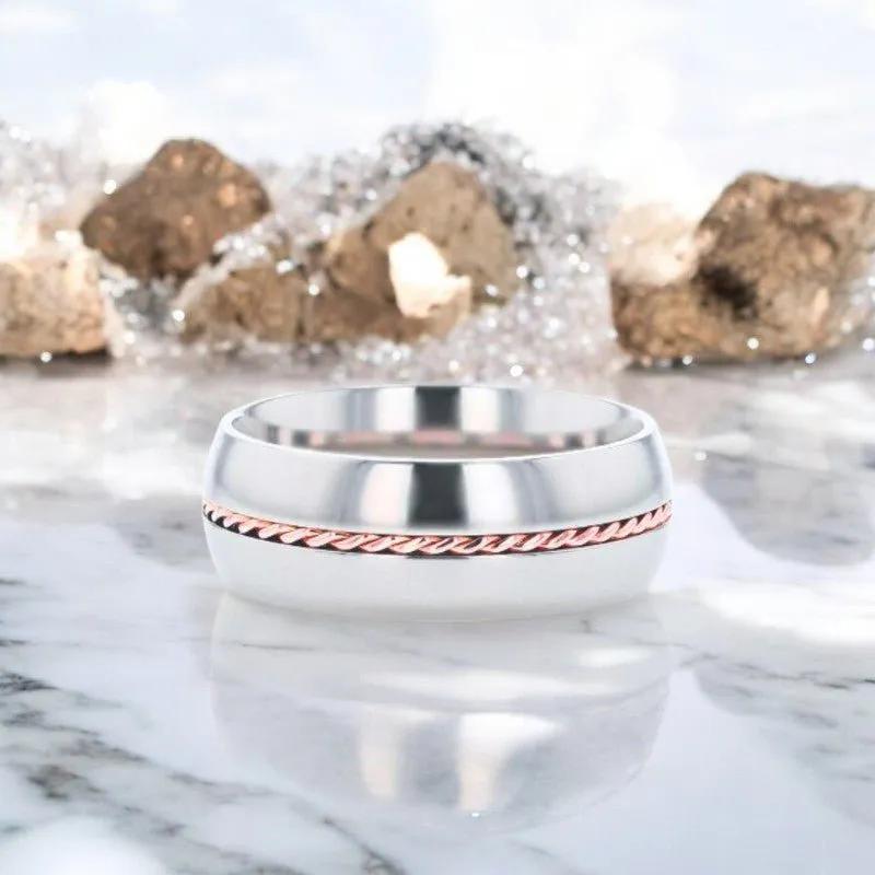 CONDUCTOR | Silver Titanium Ring, Braided 14k Rose Gold Inlay, Domed