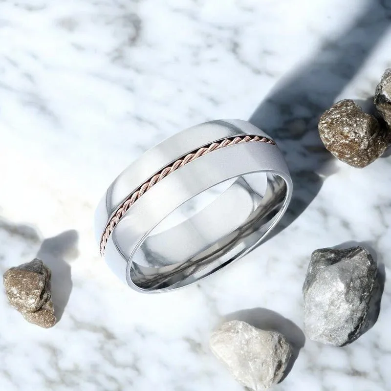 CONDUCTOR | Silver Titanium Ring, Braided 14k Rose Gold Inlay, Domed