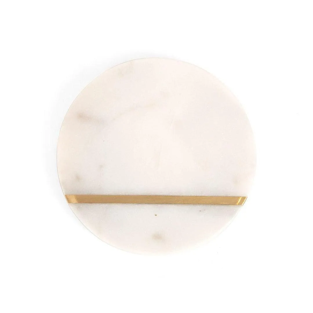 Decorative White Marble Coasters With Single Strip Brass Design- Set of 4