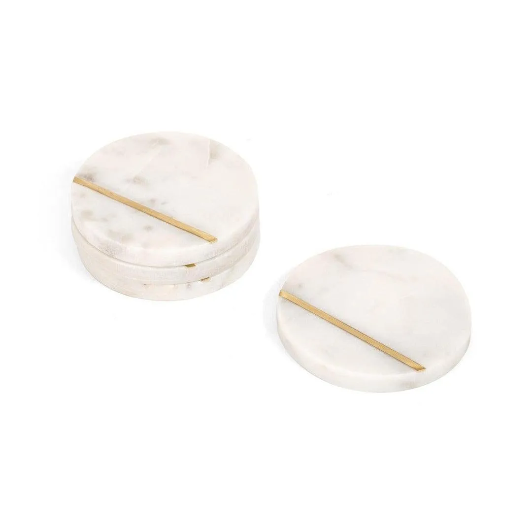 Decorative White Marble Coasters With Single Strip Brass Design- Set of 4