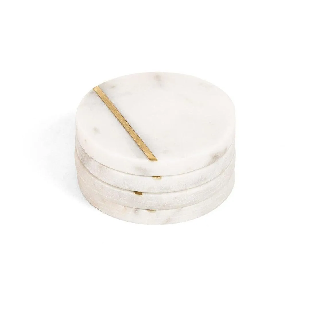Decorative White Marble Coasters With Single Strip Brass Design- Set of 4