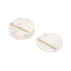 Decorative White Marble Coasters With Single Strip Brass Design- Set of 4