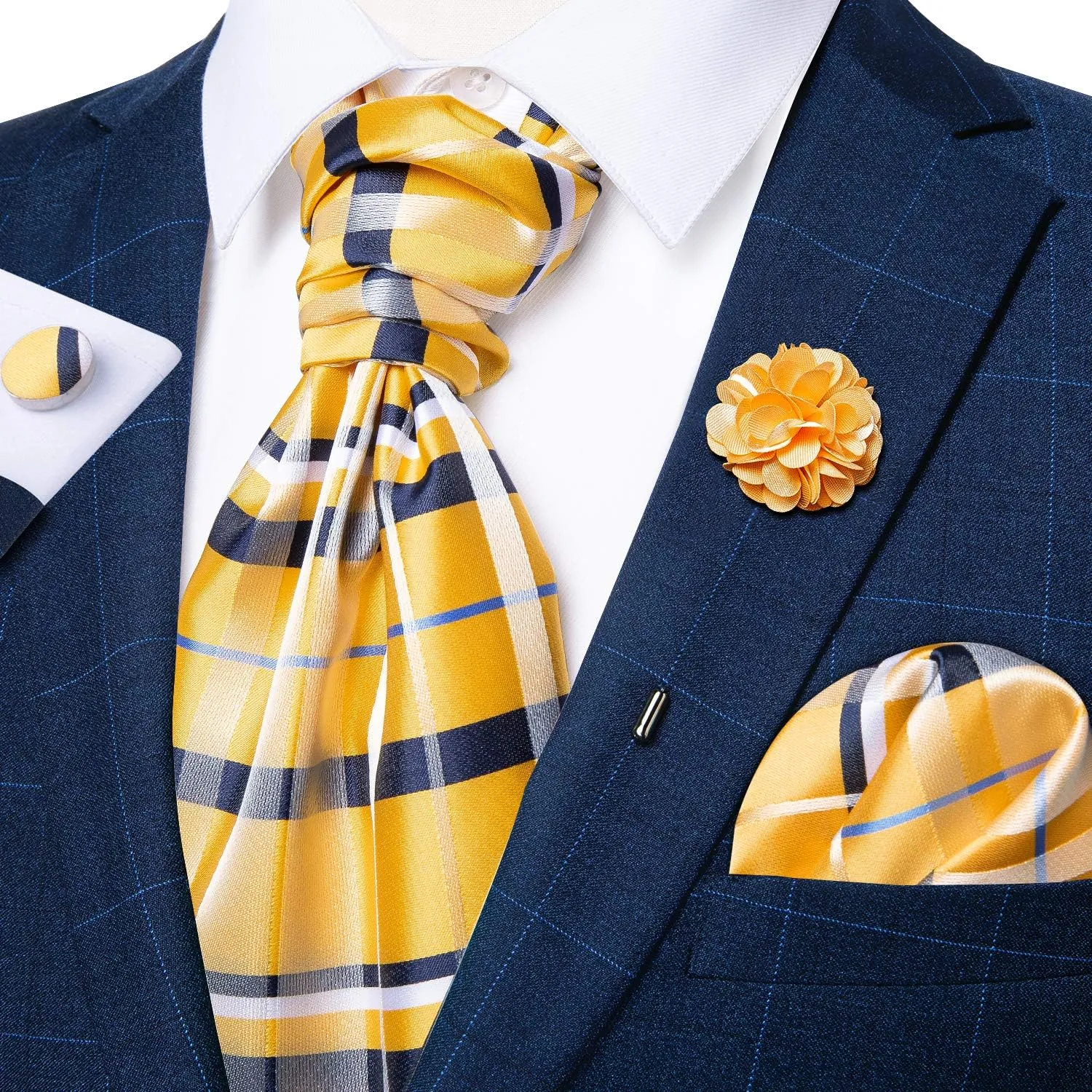 DiBanGu Mens Silk Ascot Ties Paisley Jacquard Woven Cravat and Pocket Square Cufflinks with Lapel Pin for Business Wedding