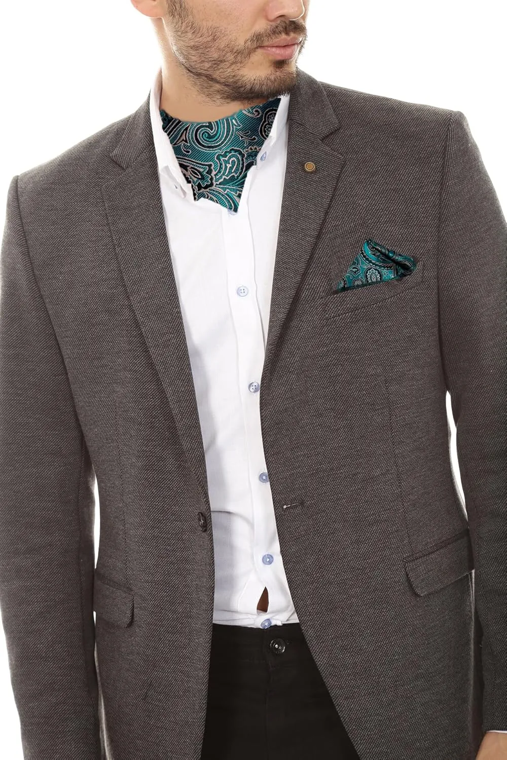 DiBanGu Mens Silk Ascot Ties Paisley Jacquard Woven Cravat and Pocket Square Cufflinks with Lapel Pin for Business Wedding