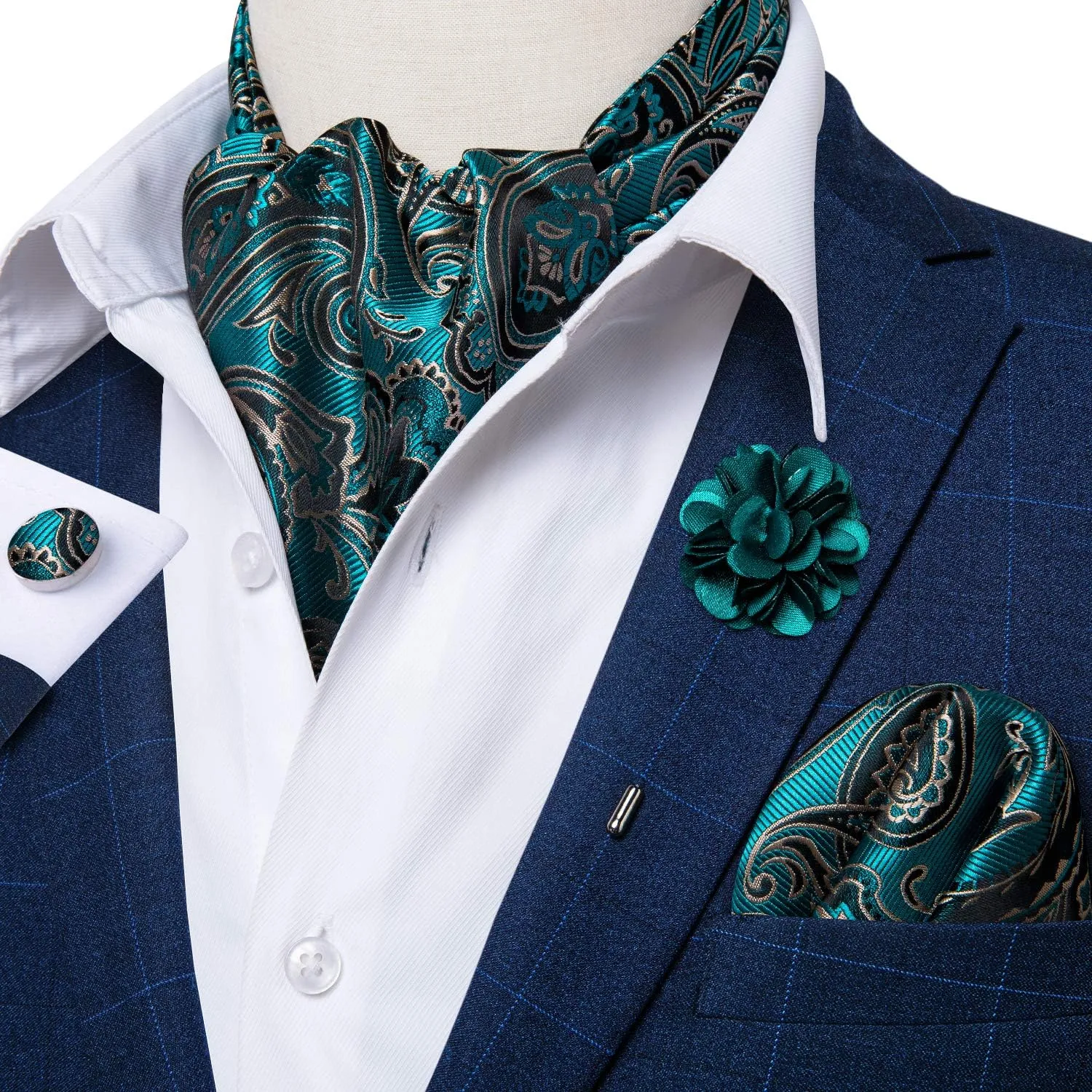 DiBanGu Mens Silk Ascot Ties Paisley Jacquard Woven Cravat and Pocket Square Cufflinks with Lapel Pin for Business Wedding