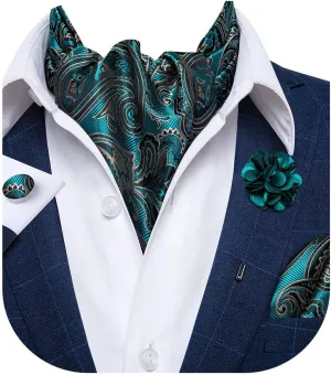 DiBanGu Mens Silk Ascot Ties Paisley Jacquard Woven Cravat and Pocket Square Cufflinks with Lapel Pin for Business Wedding