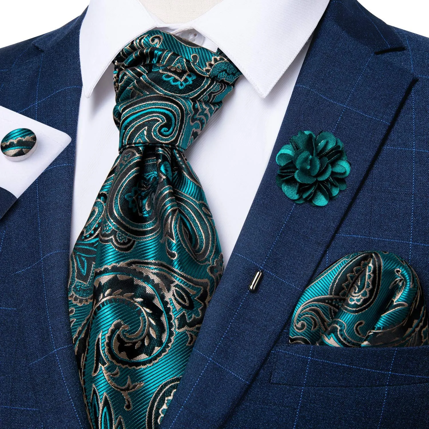 DiBanGu Mens Silk Ascot Ties Paisley Jacquard Woven Cravat and Pocket Square Cufflinks with Lapel Pin for Business Wedding
