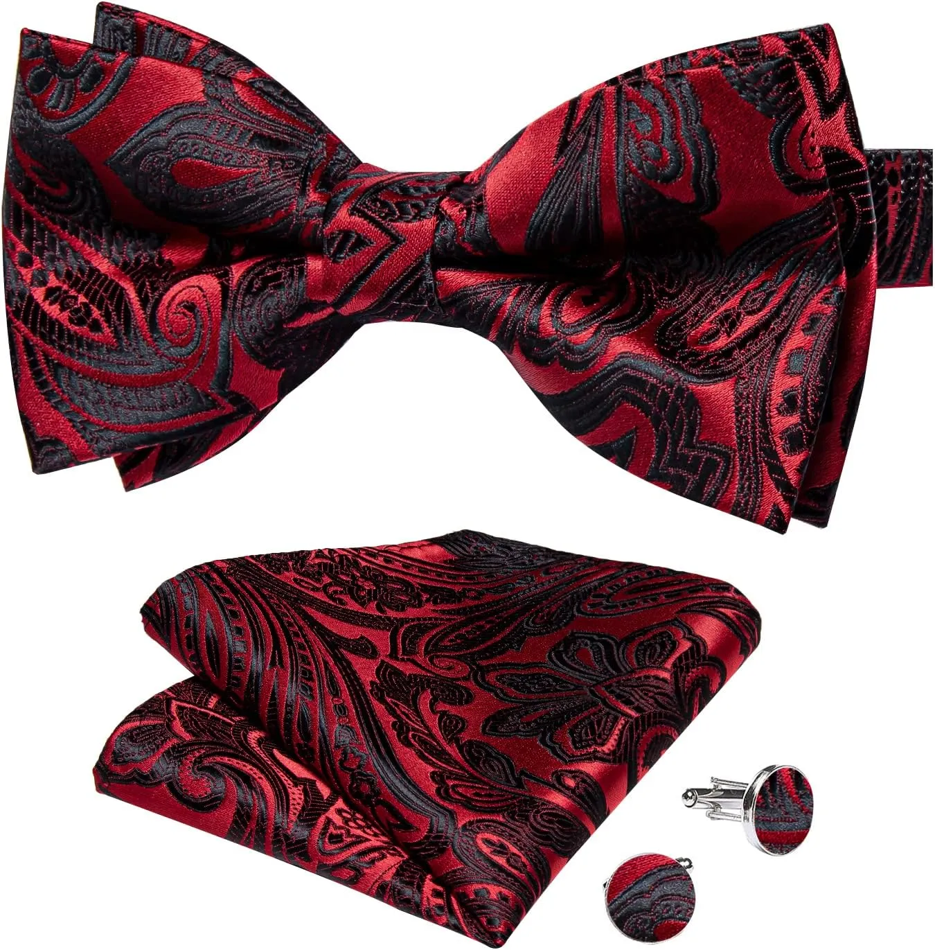 DiBanGu Paisley Pre-Tied Bow Ties for Men Silk Adjustable Bowtie and Pocket Square Cufflinks for Wedding Party
