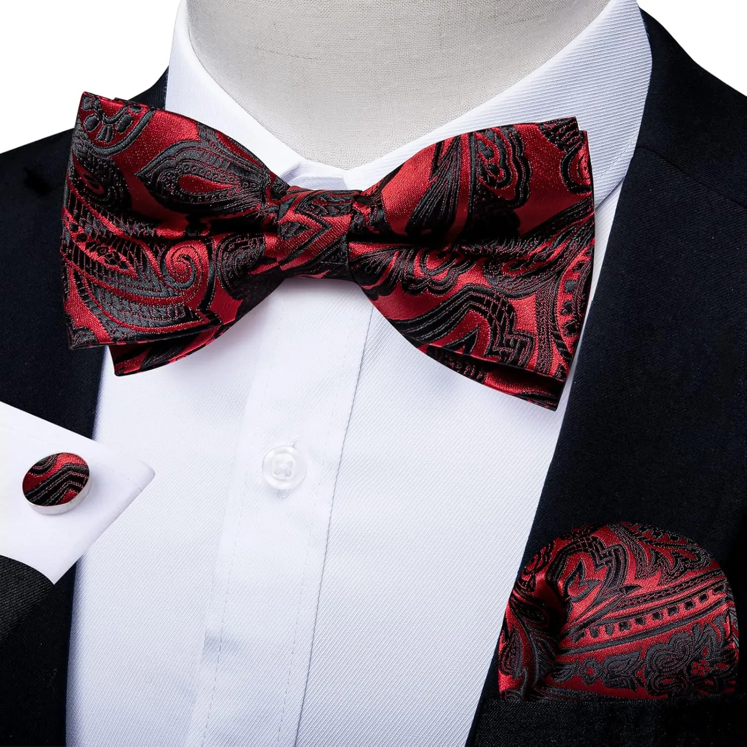 DiBanGu Paisley Pre-Tied Bow Ties for Men Silk Adjustable Bowtie and Pocket Square Cufflinks for Wedding Party