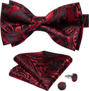 DiBanGu Paisley Pre-Tied Bow Ties for Men Silk Adjustable Bowtie and Pocket Square Cufflinks for Wedding Party