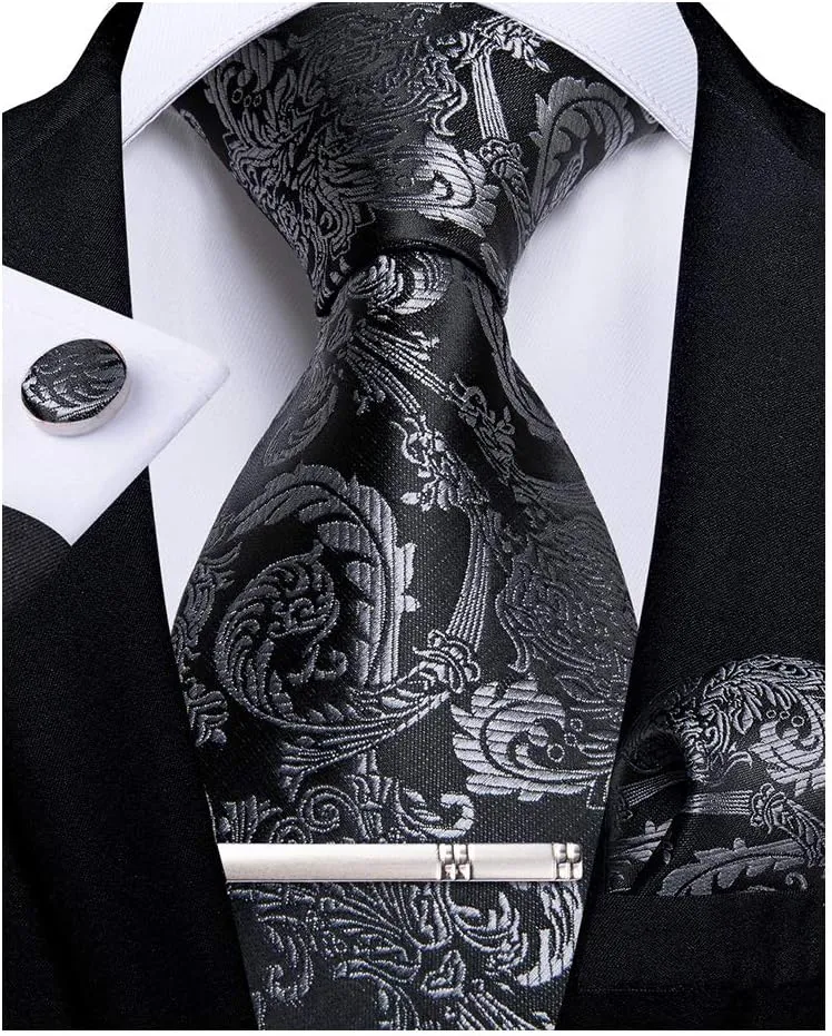 DiBanGu Paisley Ties for Men Silk Necktie and Pocket Square Cufflinks Tie Clip Set Woven Classic Mens Tie for Wedding Party