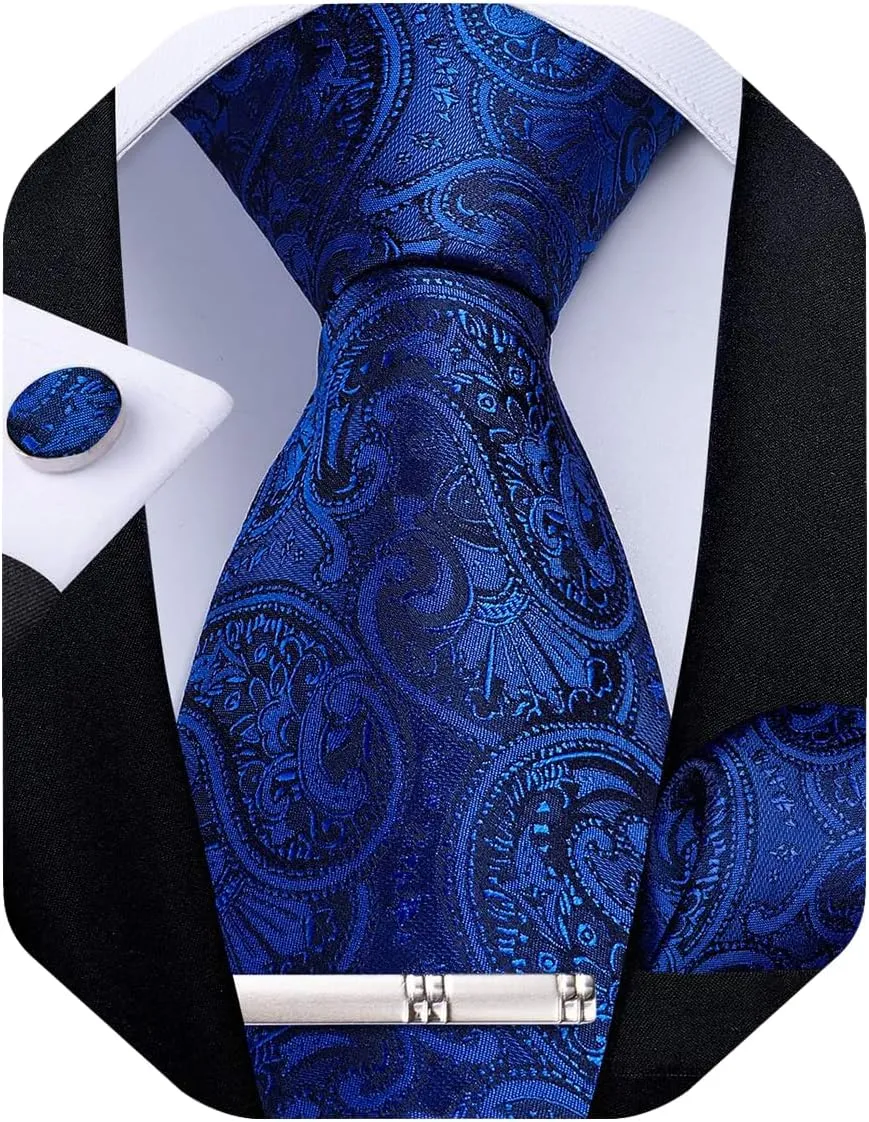 DiBanGu Paisley Ties for Men Silk Necktie and Pocket Square Cufflinks Tie Clip Set Woven Classic Mens Tie for Wedding Party