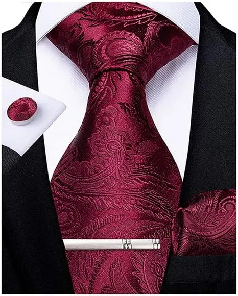 DiBanGu Paisley Ties for Men Silk Necktie and Pocket Square Cufflinks Tie Clip Set Woven Classic Mens Tie for Wedding Party