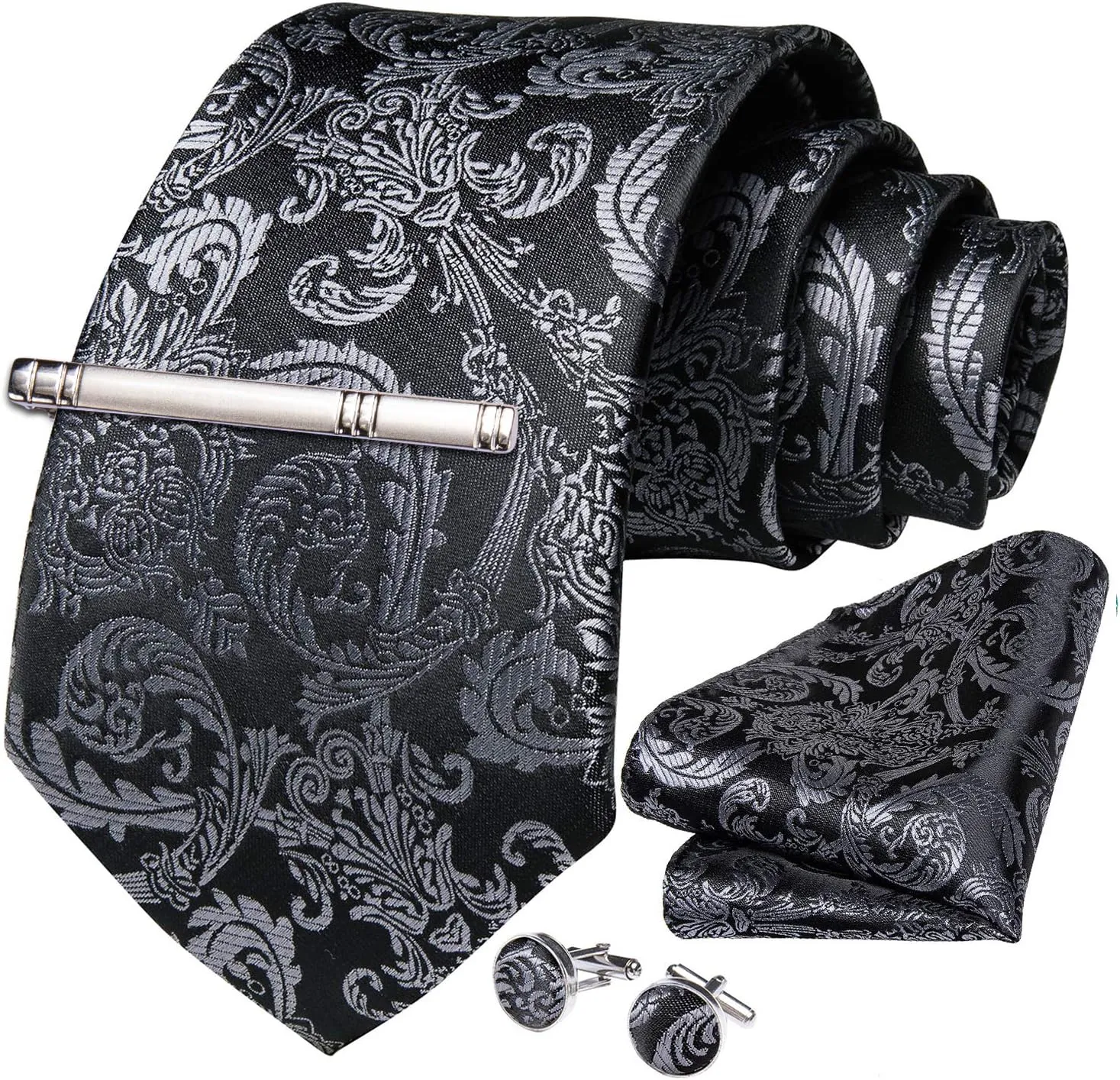 DiBanGu Paisley Ties for Men Silk Necktie and Pocket Square Cufflinks Tie Clip Set Woven Classic Mens Tie for Wedding Party