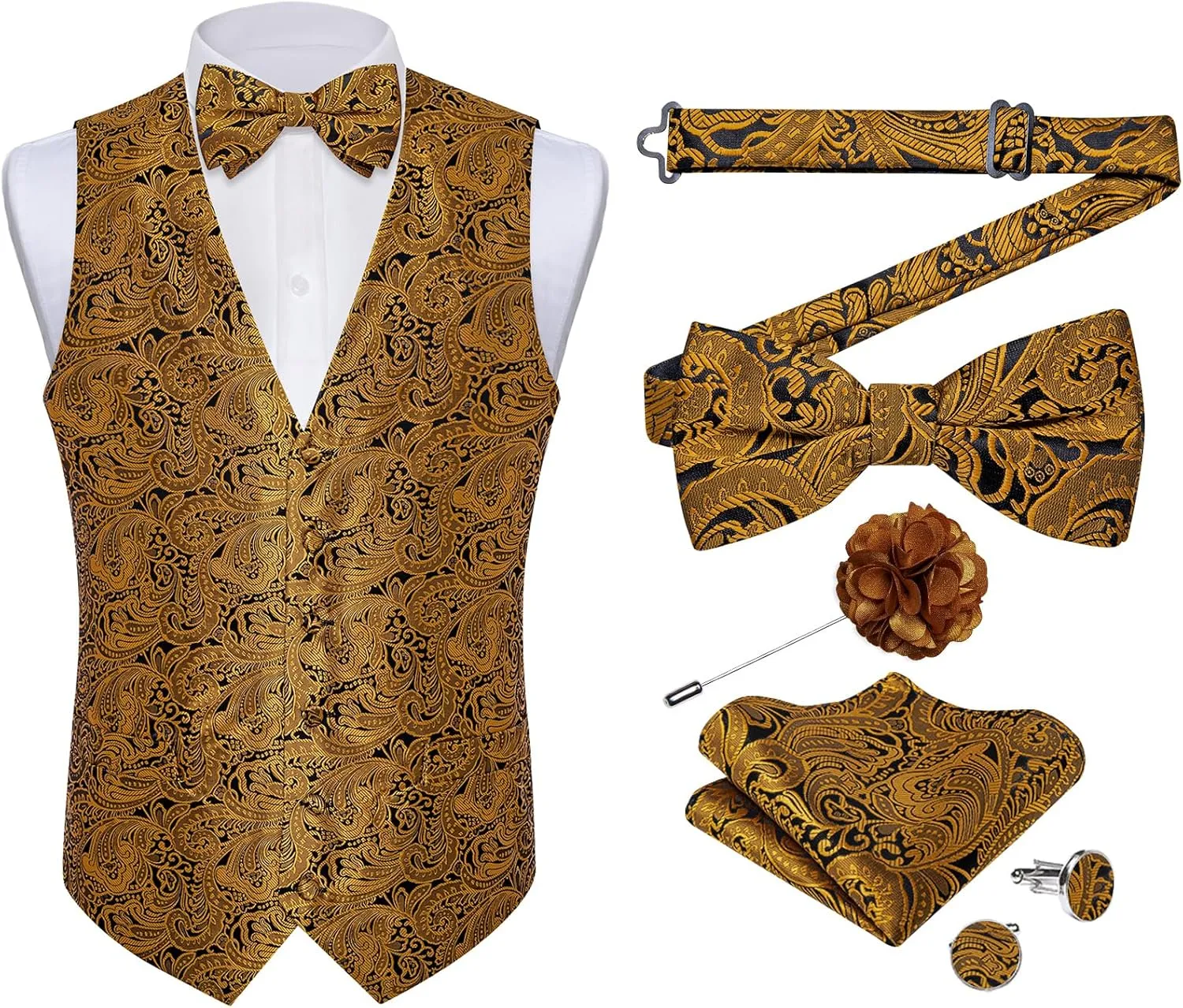 DiBanGu Silk Paisley Vest for Men Formal Suit Waistcoat and Bowtie Lapel Pin Set 7PCS Dress Vest for Suit or Tuxedo