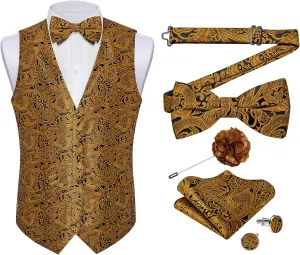 DiBanGu Silk Paisley Vest for Men Formal Suit Waistcoat and Bowtie Lapel Pin Set 7PCS Dress Vest for Suit or Tuxedo