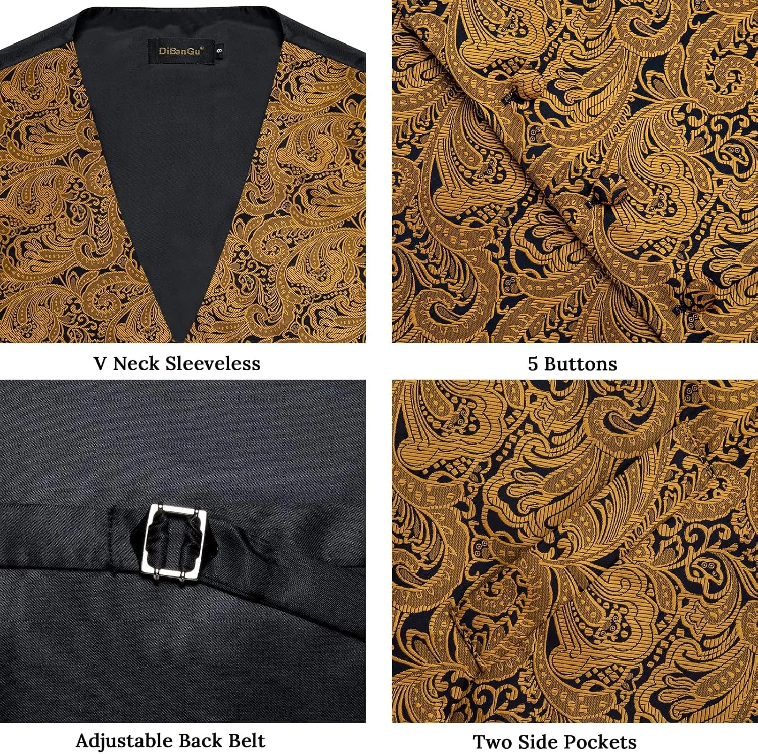 DiBanGu Silk Paisley Vest for Men Formal Suit Waistcoat and Bowtie Lapel Pin Set 7PCS Dress Vest for Suit or Tuxedo