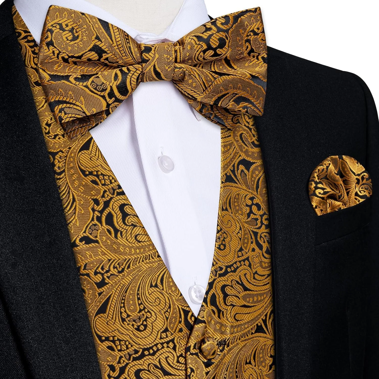 DiBanGu Silk Paisley Vest for Men Formal Suit Waistcoat and Bowtie Lapel Pin Set 7PCS Dress Vest for Suit or Tuxedo