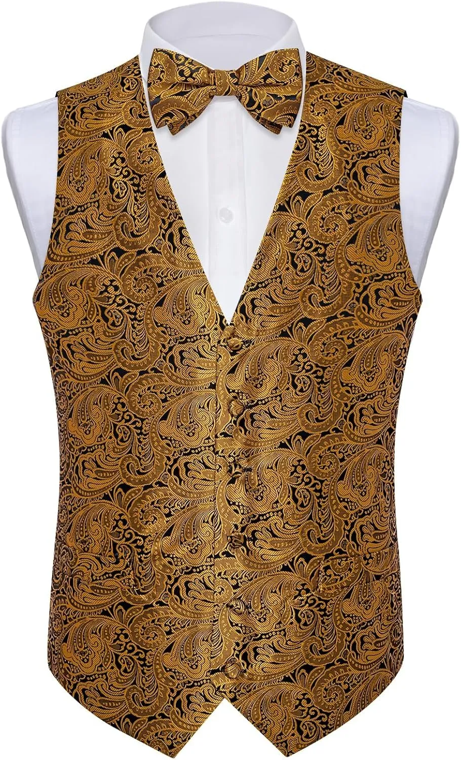 DiBanGu Silk Paisley Vest for Men Formal Suit Waistcoat and Bowtie Lapel Pin Set 7PCS Dress Vest for Suit or Tuxedo