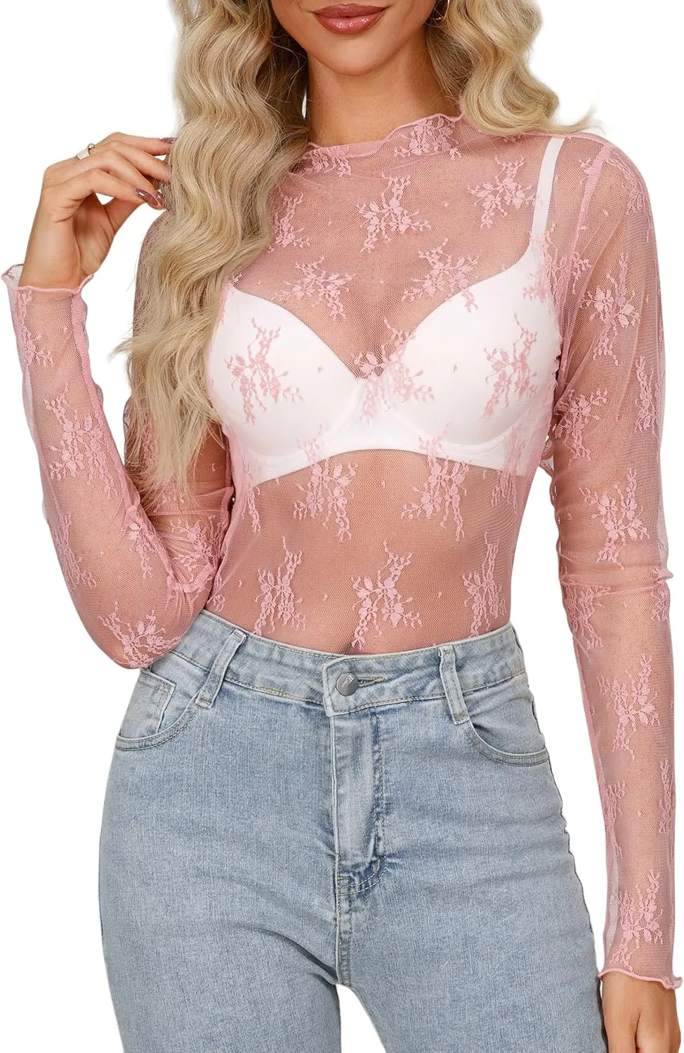 Diosun Womens Mesh Sheer Tops Long/Short Sleeve Mock Neck Sexy See Through Shirts Lace Floral Blouses Y2K Layering Top