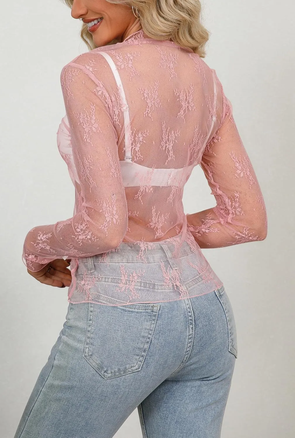 Diosun Womens Mesh Sheer Tops Long/Short Sleeve Mock Neck Sexy See Through Shirts Lace Floral Blouses Y2K Layering Top