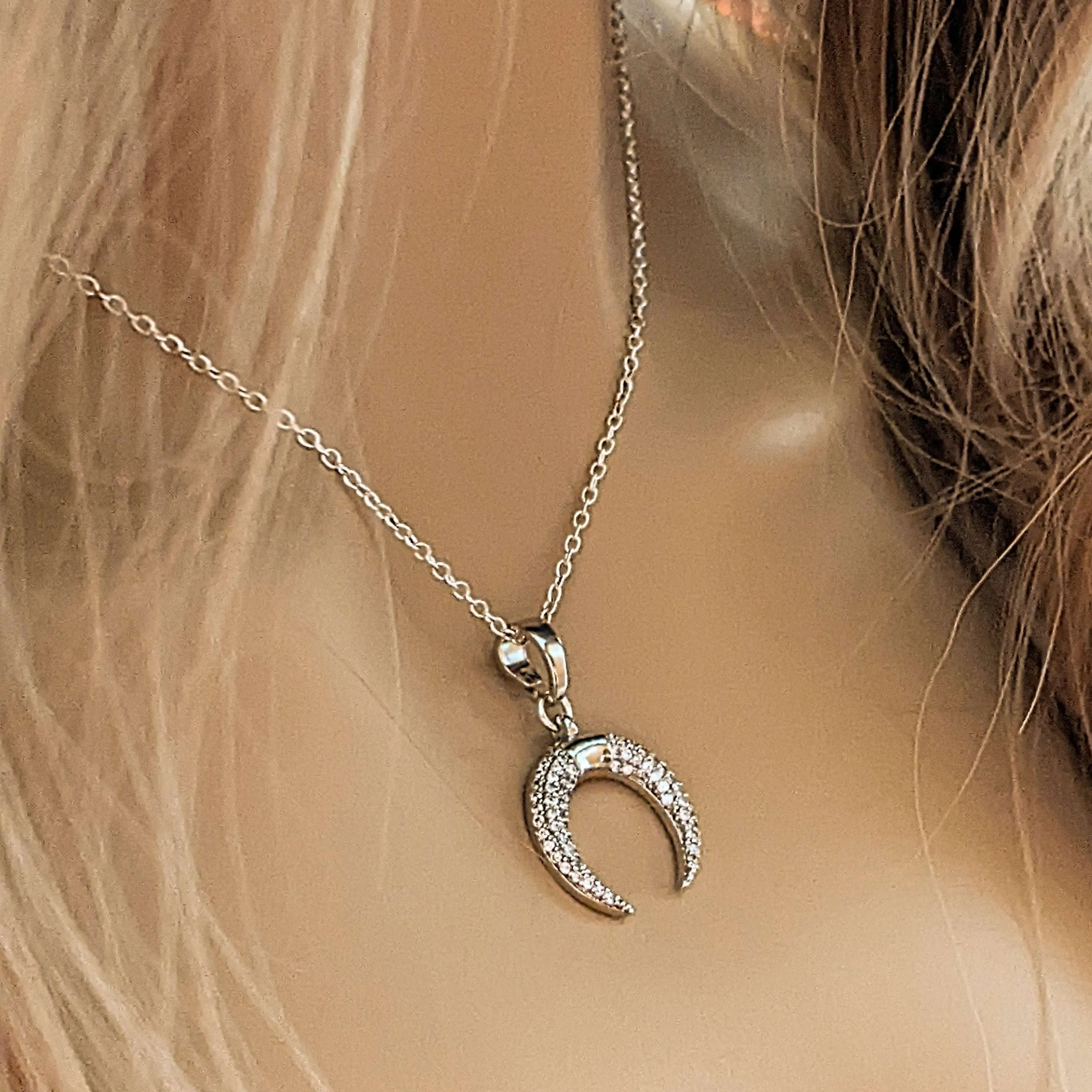 Downward Crescent Moon Necklace, Crescent Horn Necklace, Silver