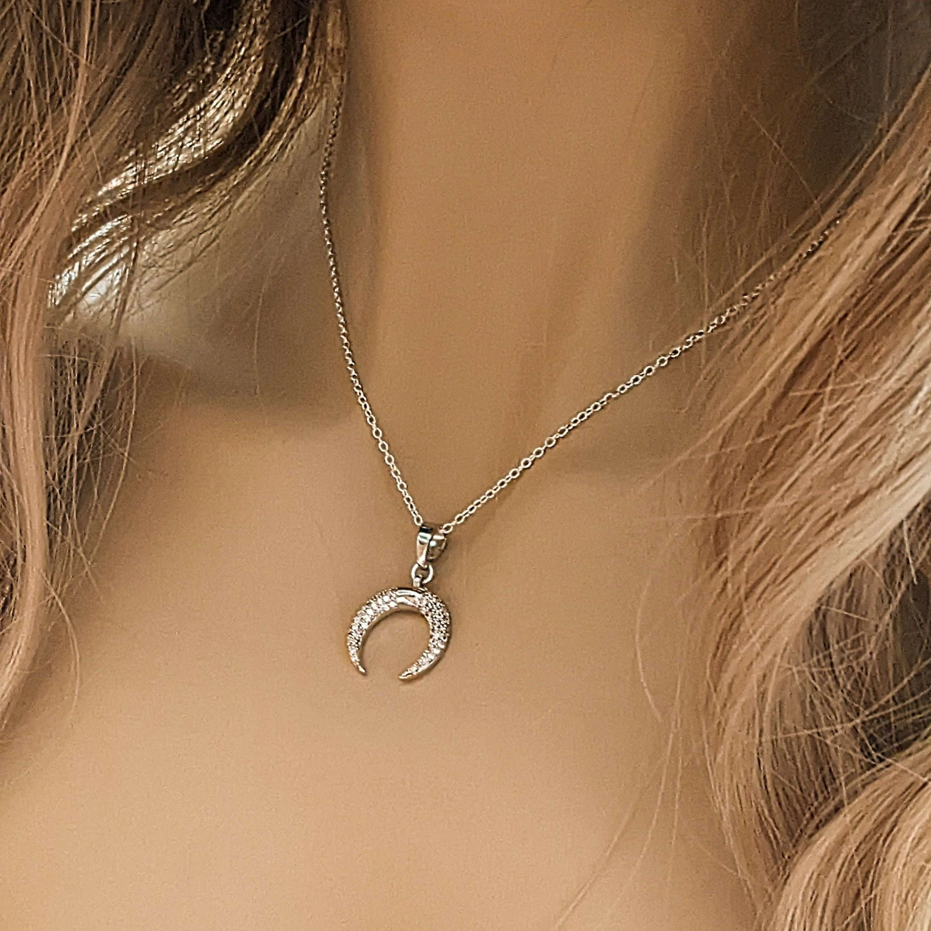 Downward Crescent Moon Necklace, Crescent Horn Necklace, Silver