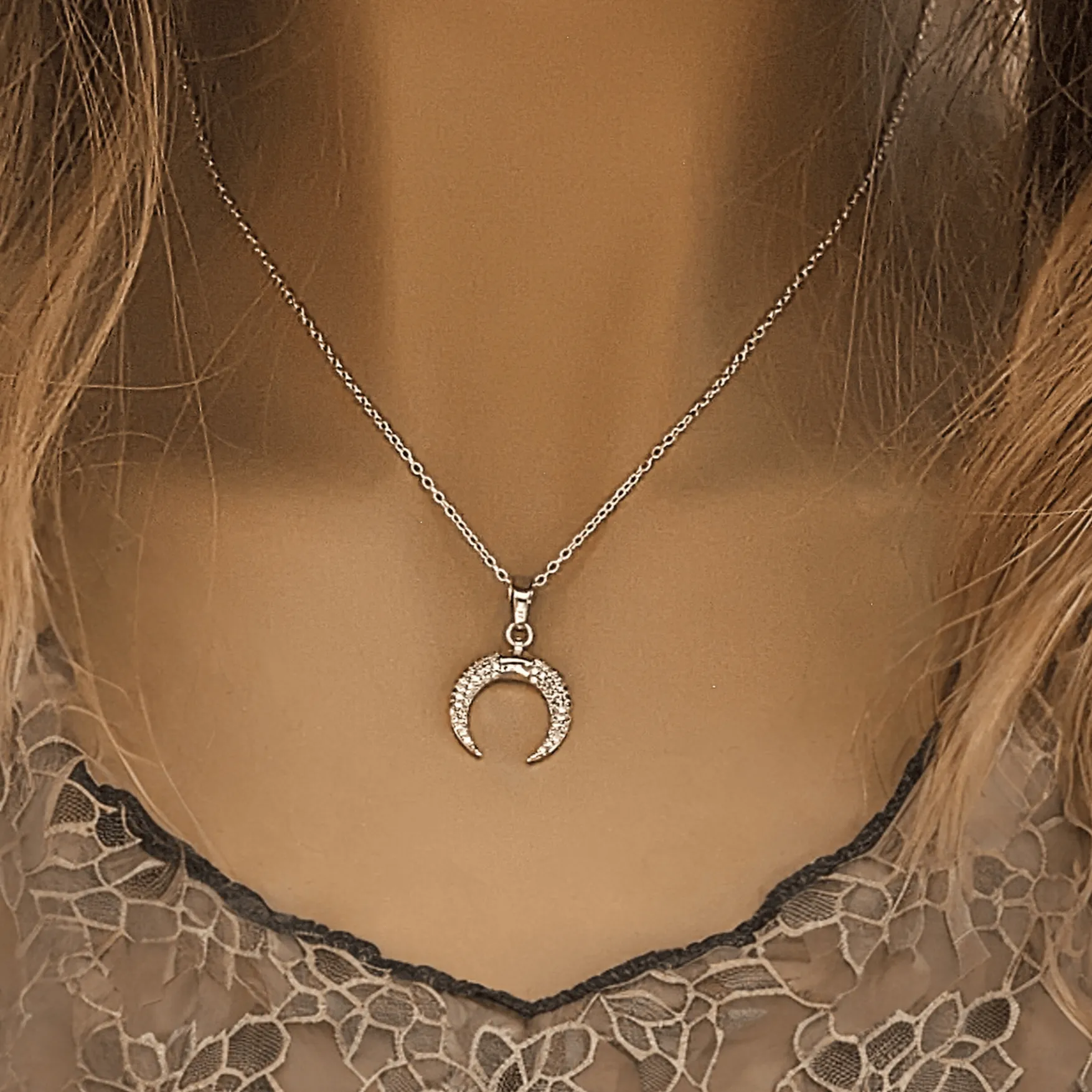 Downward Crescent Moon Necklace, Crescent Horn Necklace, Silver