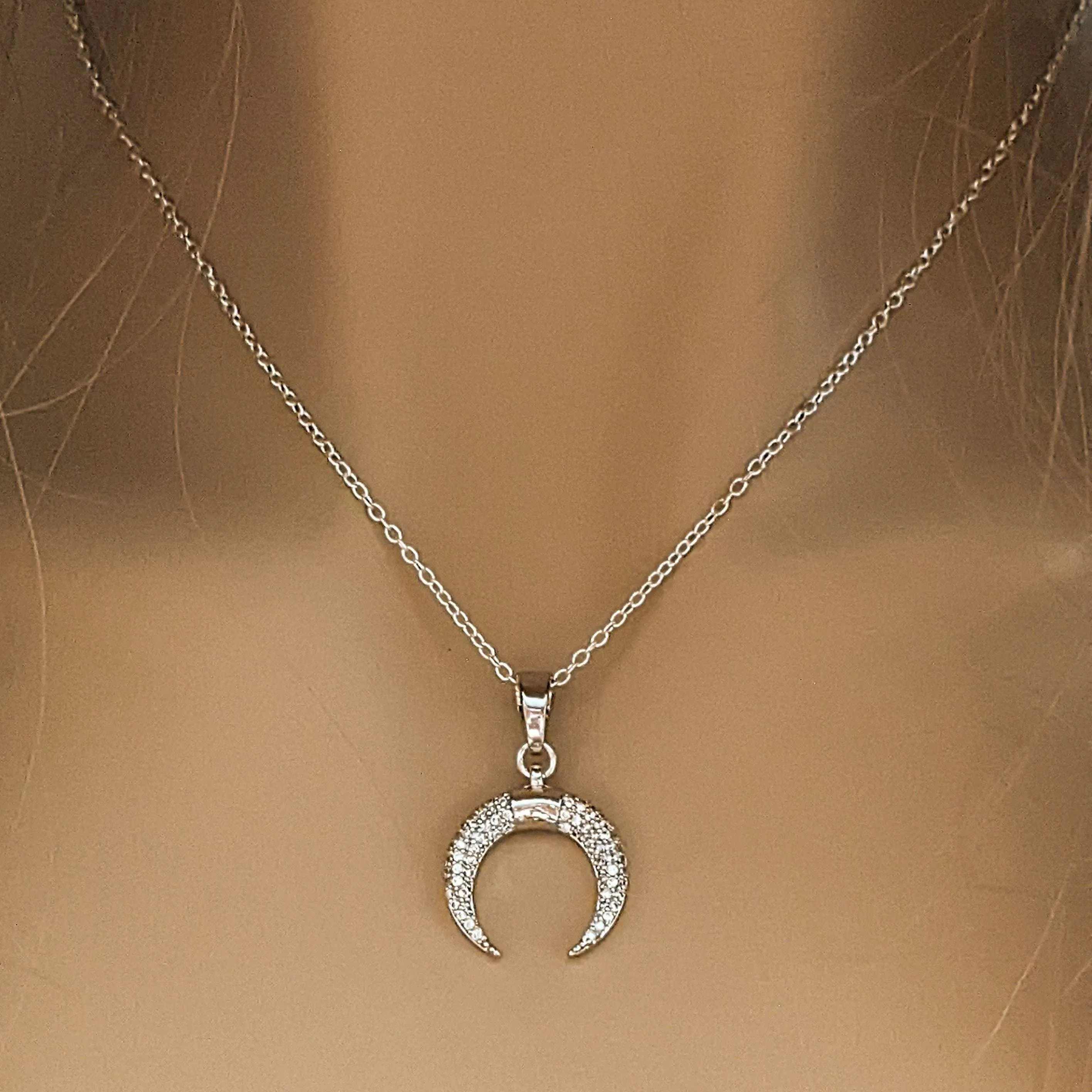 Downward Crescent Moon Necklace, Crescent Horn Necklace, Silver